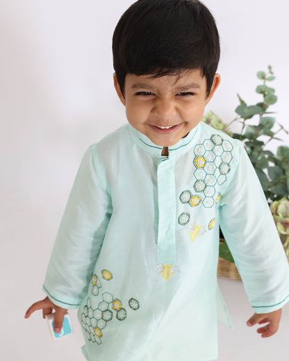 La Dee Da Blue Kurta Set-Embroidered-Silk Blend-For Infants