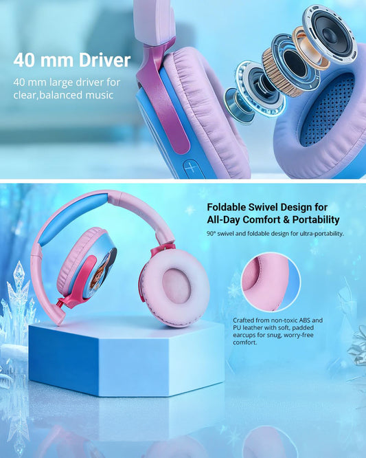 Volkano Disney Frozen Bluetooth Headphone-Musical Toy-Built-in Microphone with Swivel & Foldable Cups-Voice Assistant with Kids Safe 85dB Volume-3Y+