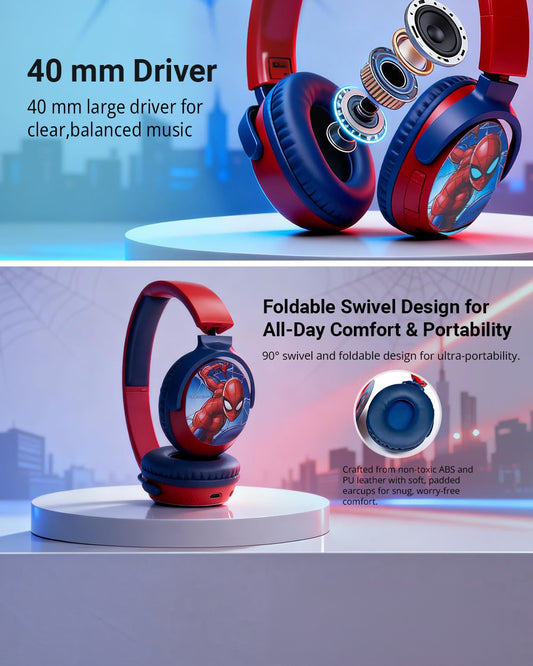 Volkano Marvel Spiderman Bluetooth Headphone-Musical Toy-Built-in Microphone with Swivel & Foldable Cups-Voice Assistant with Kids Safe 85dB Volume-3Y+