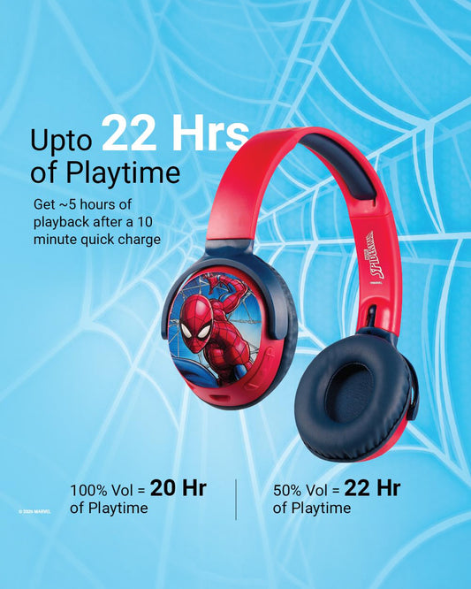 Volkano Marvel Spiderman Bluetooth Headphone-Musical Toy-Built-in Microphone with Swivel & Foldable Cups-Voice Assistant with Kids Safe 85dB Volume-3Y+