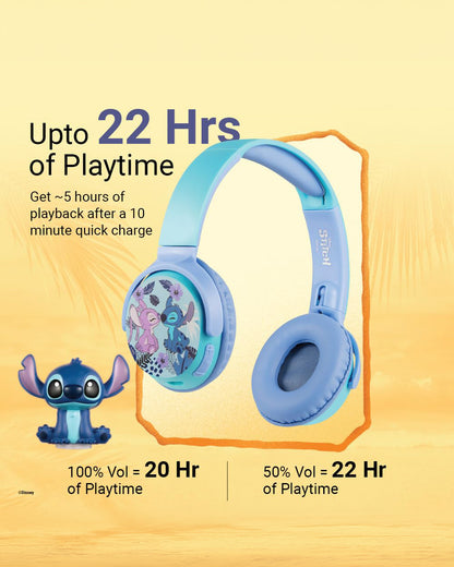 Volkano Disney Stitch Bluetooth Headphone with Character Mood Light-Musical Toy-Built-in Microphone with Swivel & Foldable Cups-Voice Assistant with Kids Safe 85dB Volume-3Y+