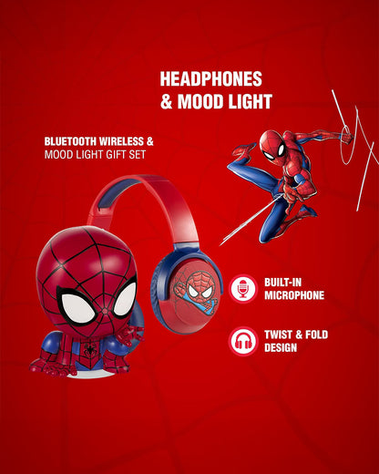 Volkano Marvel Spiderman Bluetooth Headphone with Character Mood Light-Musical Toy-Built-in Microphone with Swivel & Foldable Cups-Voice Assistant with Kids Safe 85dB Volume-3Y+