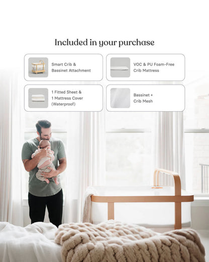 Cradlewise Convertible Smart Bassinet & Crib-ASTM F2194 Certified-Built In AI Monitor That Senses Early Wake Up Signs-1 Year Warranty-Includes VOC & PU Foam Free Mattress, Waterproof Mattress Cover, Fitted Sheet & Crib Mesh-For 0 to 2Y (Upto 15 Kg)
