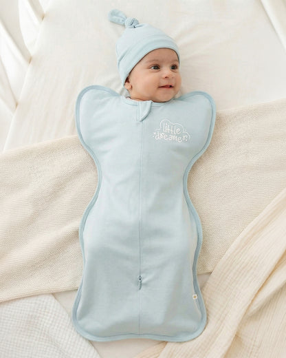 Twingle 100% Organic Cotton Sleeping Bag with Beanie-Snug Fit & Arms Up Design for Natural Body Posture-Zip Guard to Protect Baby's Chin & Neck-Two Way Zipper for Easy Diaper Change-Solid-Misty Blue-For Infants