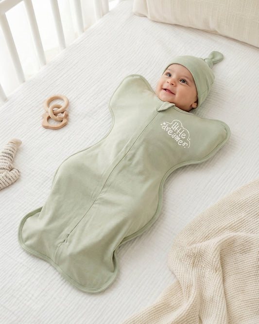 Twingle 100% Organic Cotton Sleeping Bag with Beanie-Snug Fit & Arms Up Design for Natural Body Posture-Zip Guard to Protect Baby's Chin & Neck-Two Way Zipper for Easy Diaper Change-Solid-Swamp-For Infants