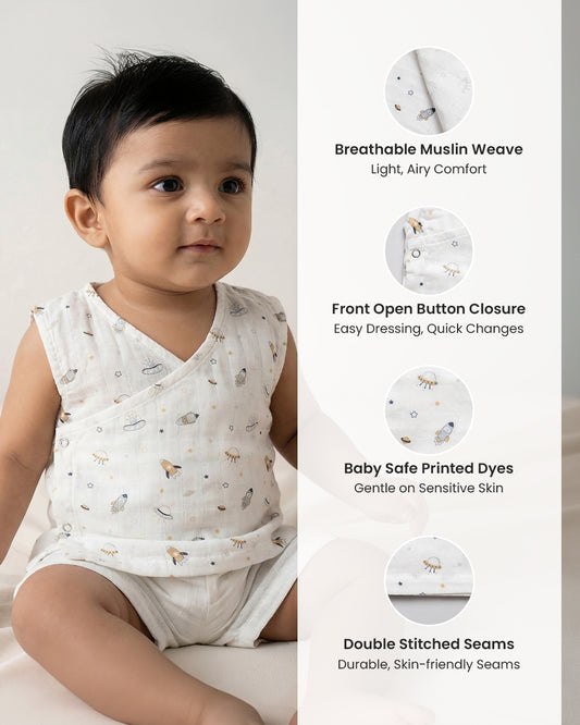 Twingle 100% Organic Muslin Jhablas-Lightweight & Breathable Fabric-Front Open for Easy Dressing-Aerospace & Dino-White-Pack of 2-For Infants