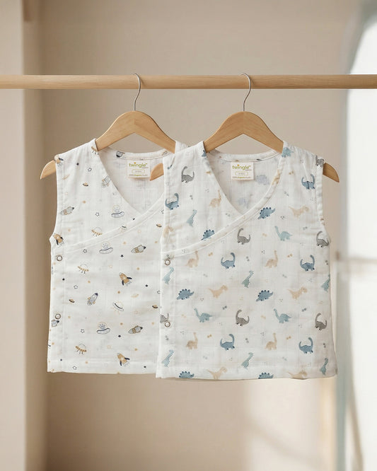 Twingle 100% Organic Muslin Jhablas-Lightweight & Breathable Fabric-Front Open for Easy Dressing-Aerospace & Dino-White-Pack of 2-For Infants