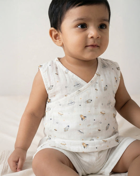 Twingle 100% Organic Muslin Jhablas-Lightweight & Breathable Fabric-Front Open for Easy Dressing-Aerospace & Dino-White-Pack of 2-For Infants