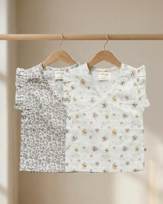 Twingle 100% Organic Muslin Jhablas-Lightweight & Breathable Fabric-Front Open for Easy Dressing-Lavender Ditsy & Butterfly-White-Pack of 2-For Infants