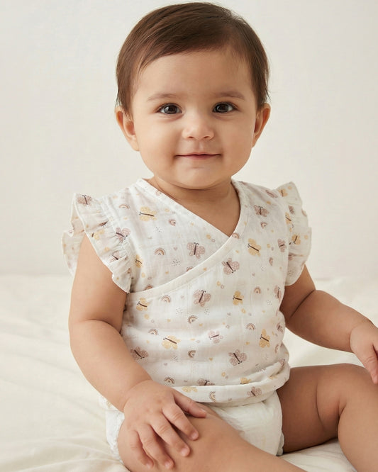 Twingle 100% Organic Muslin Jhablas-Lightweight & Breathable Fabric-Front Open for Easy Dressing-Lavender Ditsy & Butterfly-White-Pack of 2-For Infants