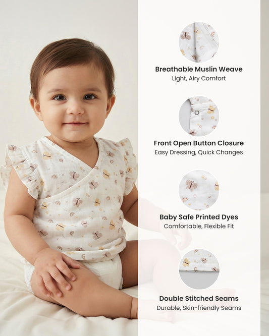 Twingle 100% Organic Muslin Jhablas-Lightweight & Breathable Fabric-Front Open for Easy Dressing-Lavender Ditsy & Butterfly-White-Pack of 2-For Infants