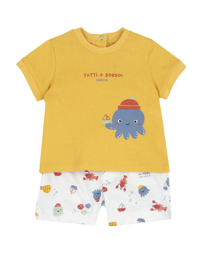 Chicco White & Yellow T-shirt & Shorts Set-Printed-Cotton-For Infants