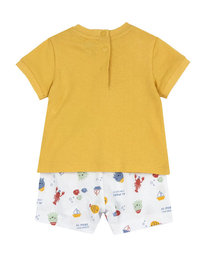 Chicco White & Yellow T-shirt & Shorts Set-Printed-Cotton-For Infants