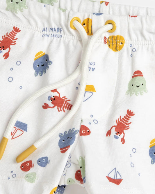 Chicco White & Yellow T-shirt & Shorts Set-Printed-Cotton-For Infants