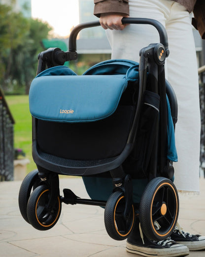Loopie Hop Cabin Friendly Stroller-One Hand Fold-Flat Reclining Seat-Includes Mosquito Net-1 Year Warranty-For 0 to 4Y (Upto 22 Kg)-Blue Jade