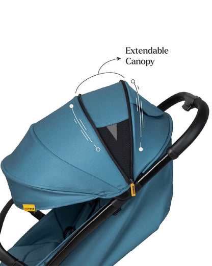 Loopie Hop Cabin Friendly Stroller-One Hand Fold-Flat Reclining Seat-Includes Mosquito Net-1 Year Warranty-For 0 to 4Y (Upto 22 Kg)-Blue Jade