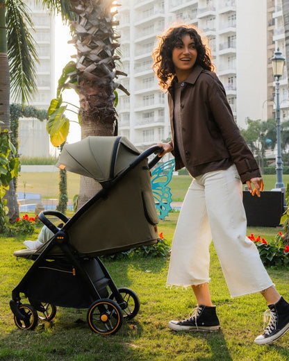 Loopie Hop Cabin Friendly Stroller-One Hand Fold-Flat Reclining Seat-Includes Mosquito Net-1 Year Warranty-For 0 to 4Y (Upto 22 Kg)-Olive Fern