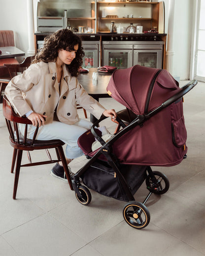 Loopie Hop Cabin Friendly Stroller-One Hand Fold-Flat Reclining Seat-Includes Mosquito Net-1 Year Warranty-For 0 to 4Y (Upto 22 Kg)-Mulberry Maroon