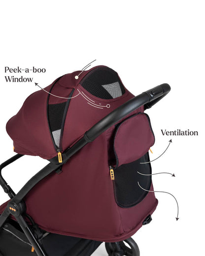 Loopie Hop Cabin Friendly Stroller-One Hand Fold-Flat Reclining Seat-Includes Mosquito Net-1 Year Warranty-For 0 to 4Y (Upto 22 Kg)-Mulberry Maroon