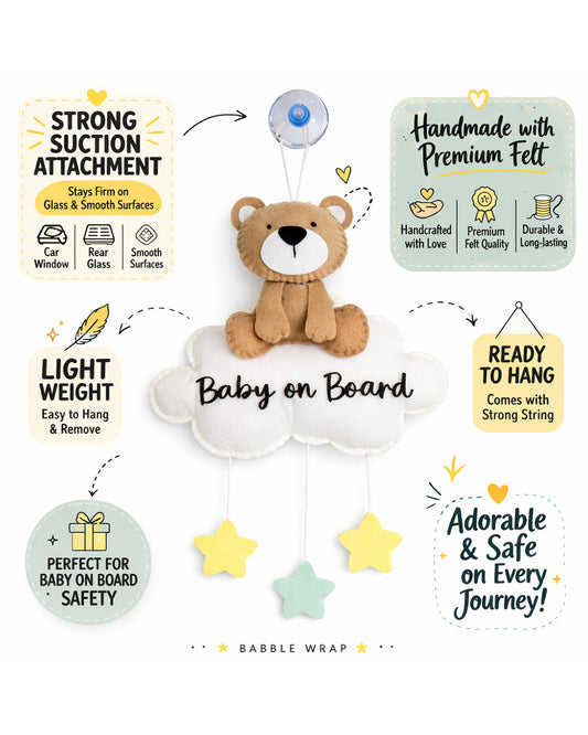 Babble Wrap Teddy’s Twilight Baby On Board-Soft Toy-Cute Hanging Suction Window Sign-Baby Safety Car Accessory