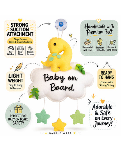 Babble Wrap Jurassic Journey Baby On Board-Soft Toy-Cute Hanging Suction Window Sign-Baby Safety Car Accessory