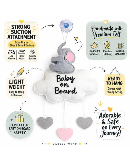 Babble Wrap Ellie on a cloud Baby On Board-Soft Toy-Cute Hanging Suction Window Sign-Baby Safety Car Accessory