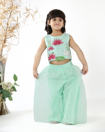 La Dee Da Mint Green Top Palazzo Set-Embroidered-Silk Blend-For Infants