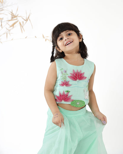 La Dee Da Mint Green Top Palazzo Set-Embroidered-Silk Blend-For Infants