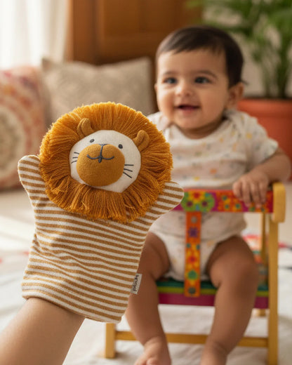 Pluchi Lion Hand Puppet Cotton Knitted Soft Toy-Super Soft & Washable-For Infants