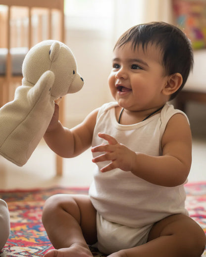 Pluchi Polar Bear Hand Puppet Cotton Knitted Soft Toy-Super Soft & Washable-For Infants