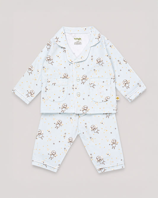 Twingle 100% Organic Cotton Nightsuit-Lightweight & Breathable-Soft Elasticated Waistband-Light Blue-Fairy Dream-For Infants
