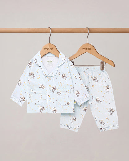 Twingle 100% Organic Cotton Nightsuit-Lightweight & Breathable-Soft Elasticated Waistband-Light Blue-Fairy Dream-For Infants