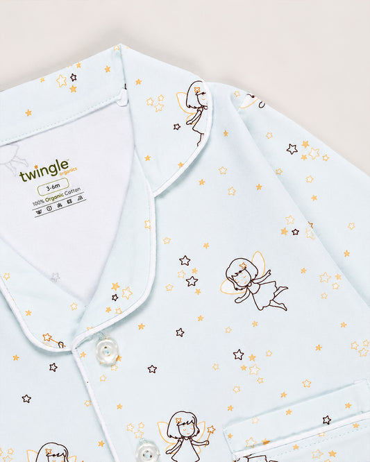 Twingle 100% Organic Cotton Nightsuit-Lightweight & Breathable-Soft Elasticated Waistband-Light Blue-Fairy Dream-For Infants