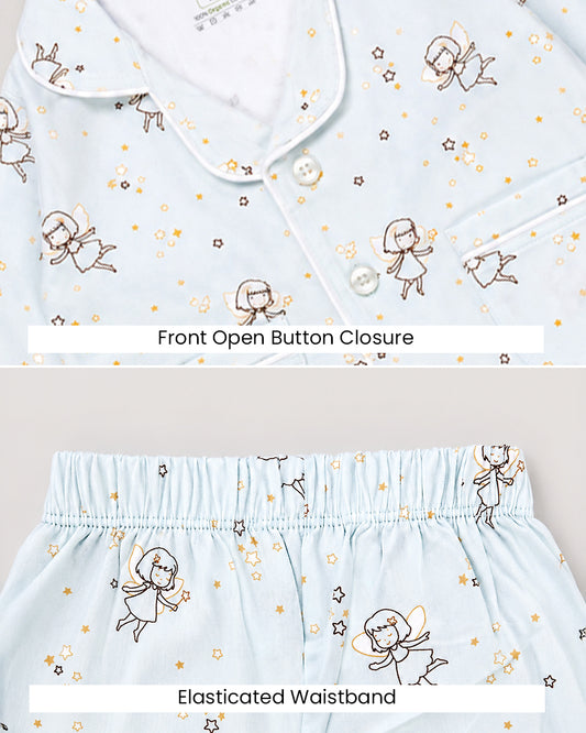 Twingle 100% Organic Cotton Nightsuit-Lightweight & Breathable-Soft Elasticated Waistband-Light Blue-Fairy Dream-For Infants