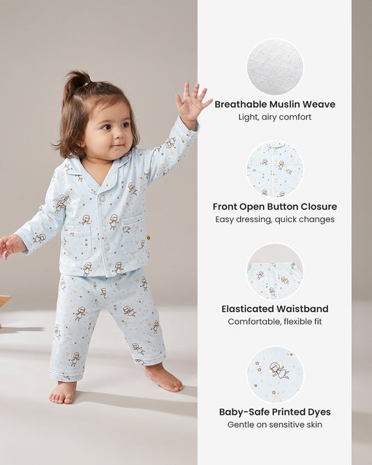 Twingle 100% Organic Cotton Nightsuit-Lightweight & Breathable-Soft Elasticated Waistband-Light Blue-Fairy Dream-For Infants