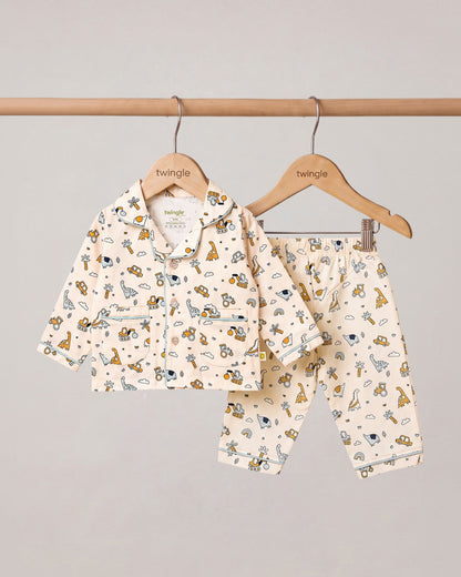 Twingle 100% Organic Cotton Nightsuit-Lightweight & Breathable-Soft Elasticated Waistband-Peach-Farm Life-For Infants