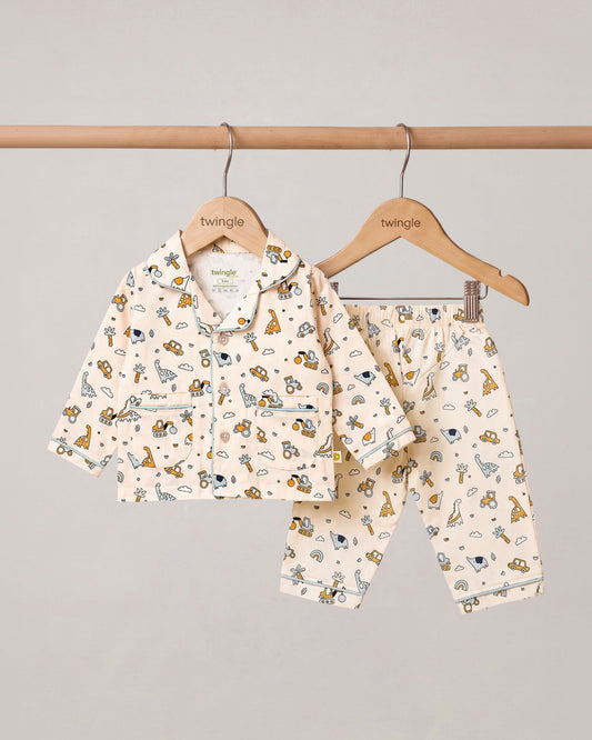 Twingle 100% Organic Cotton Nightsuit-Lightweight & Breathable-Soft Elasticated Waistband-Peach-Farm Life-For Infants