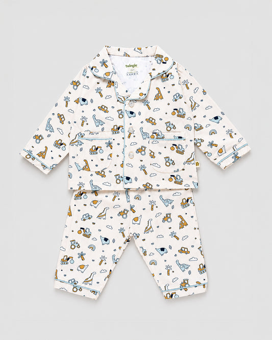 Twingle 100% Organic Cotton Nightsuit-Lightweight & Breathable-Soft Elasticated Waistband-Peach-Farm Life-For Infants