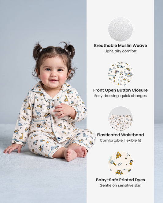 Twingle 100% Organic Cotton Nightsuit-Lightweight & Breathable-Soft Elasticated Waistband-Peach-Farm Life-For Infants