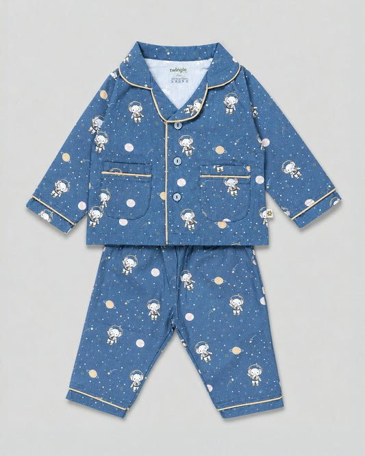 Twingle 100% Organic Cotton Nightsuit-Lightweight & Breathable-Soft Elasticated Waistband-Navy Blue-Astro Elle-For Infants