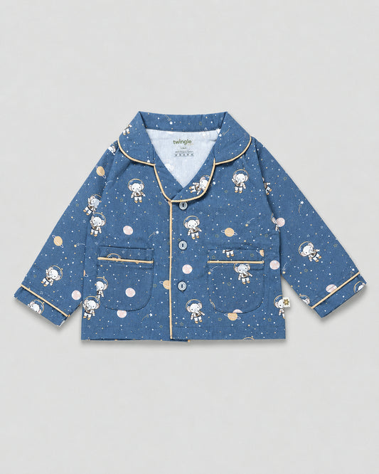 Twingle 100% Organic Cotton Nightsuit-Lightweight & Breathable-Soft Elasticated Waistband-Navy Blue-Astro Elle-For Infants