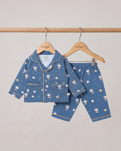 Twingle 100% Organic Cotton Nightsuit-Lightweight & Breathable-Soft Elasticated Waistband-Navy Blue-Astro Elle-For Infants