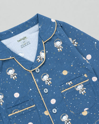 Twingle 100% Organic Cotton Nightsuit-Lightweight & Breathable-Soft Elasticated Waistband-Navy Blue-Astro Elle-For Infants