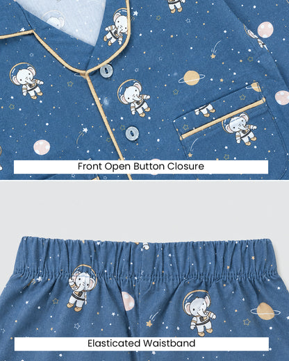 Twingle 100% Organic Cotton Nightsuit-Lightweight & Breathable-Soft Elasticated Waistband-Navy Blue-Astro Elle-For Infants