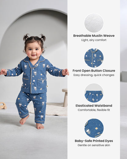 Twingle 100% Organic Cotton Nightsuit-Lightweight & Breathable-Soft Elasticated Waistband-Navy Blue-Astro Elle-For Infants