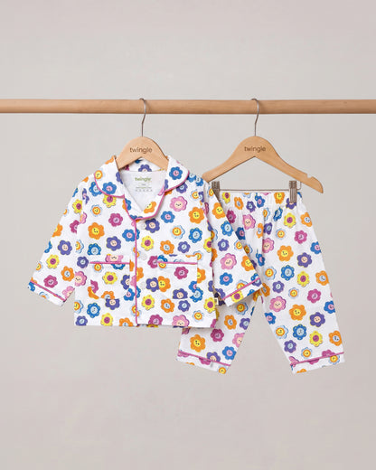 Twingle 100% Organic Cotton Nightsuit-Lightweight & Breathable-Soft Elasticated Waistband-Multicolor-Flower Pop-For Infants