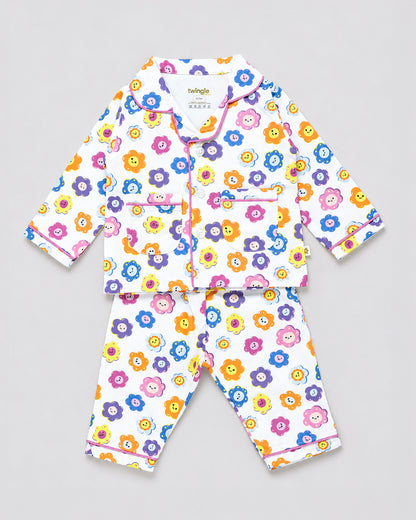 Twingle 100% Organic Cotton Nightsuit-Lightweight & Breathable-Soft Elasticated Waistband-Multicolor-Flower Pop-For Infants