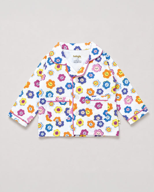 Twingle 100% Organic Cotton Nightsuit-Lightweight & Breathable-Soft Elasticated Waistband-Multicolor-Flower Pop-For Infants