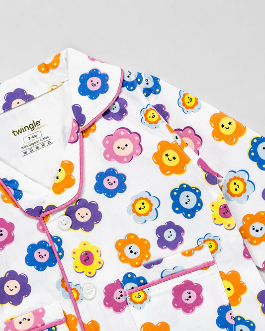 Twingle 100% Organic Cotton Nightsuit-Lightweight & Breathable-Soft Elasticated Waistband-Multicolor-Flower Pop-For Infants