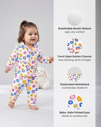 Twingle 100% Organic Cotton Nightsuit-Lightweight & Breathable-Soft Elasticated Waistband-Multicolor-Flower Pop-For Infants
